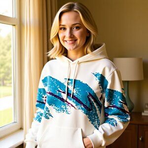 90s-Inspired Graphic Hoodie – White with Blue & Purple Waves